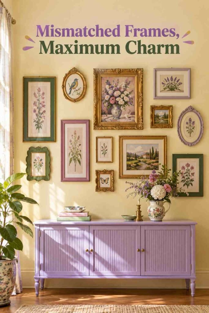 Gallery wall of mismatched gold, painted wood, and thrifted frames above a console table.