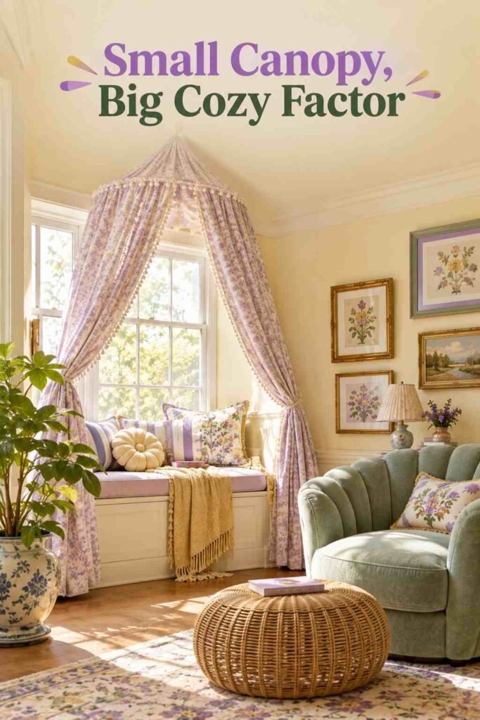 Mint-green scalloped armchair and draped canopy forming a cozy reading nook by a window.