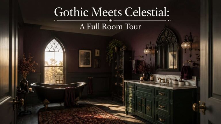 Dark academia bathroom with charcoal and aubergine walls, a black clawfoot tub, and an emerald vanity with gold hardware.