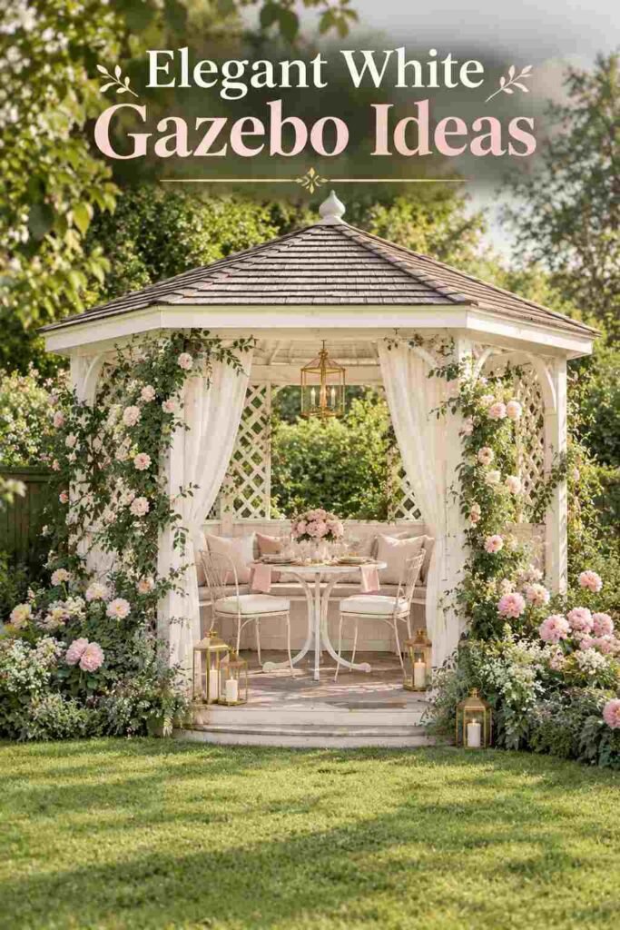 White cushioned bench with gold lanterns inside a white lattice backyard gazebo.