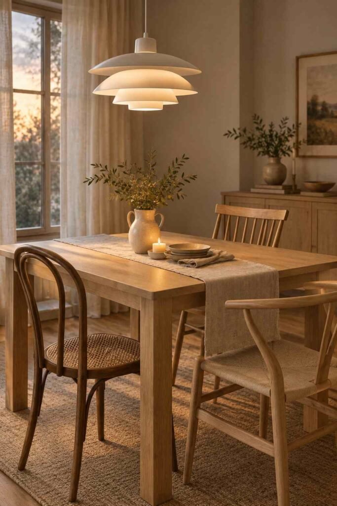 26 Scandinavian Cottage Interior Design Ideas for a Warm, Nordic, Light-Filled Home 11 White pendant lamp glowing over a light wood dining table