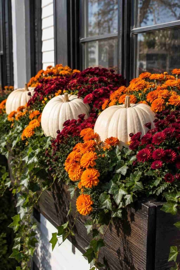 Fall Window Box Ideas to Turn Your Porch Into an Autumn Showstopper 5 White pumpkins contrasted with orange marigolds in a window box.