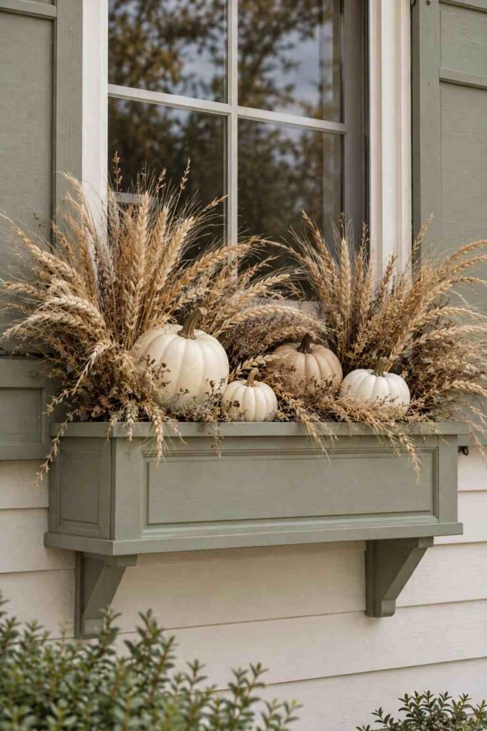 Halloween Window Boxes: Spooky, Elegant & Budget-Friendly Ideas for Every Home 10 White and cream pumpkins in a neutral-toned Halloween window box