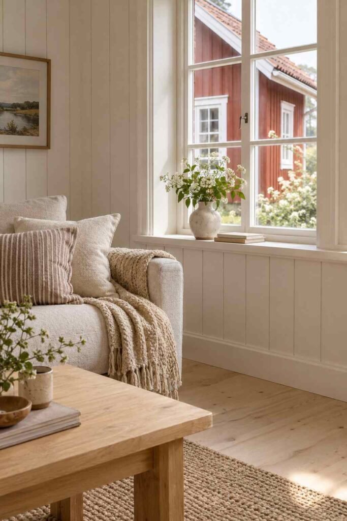 26 Scandinavian Cottage Interior Design Ideas for a Warm, Nordic, Light-Filled Home 16 White wood paneling inside and a Falu red cottage exterior seen through a window