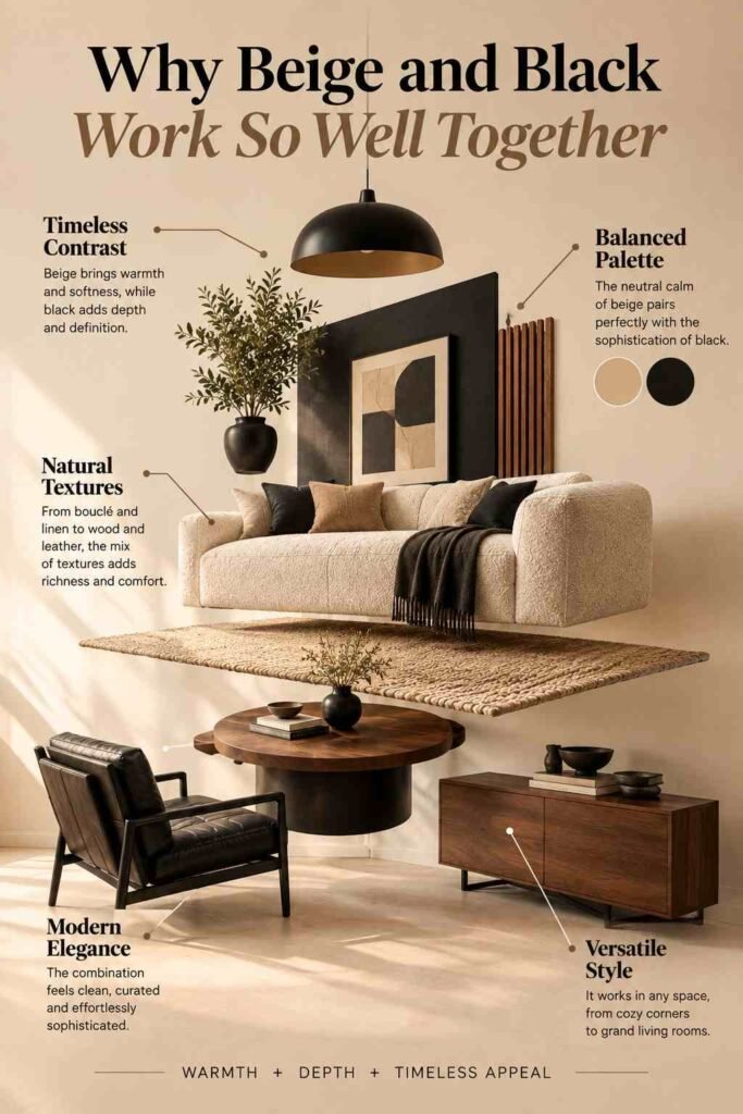 Exploded-view beige and black living room showing a bouclé sofa, black leather chair, walnut furniture, woven rug, and matte black accents.