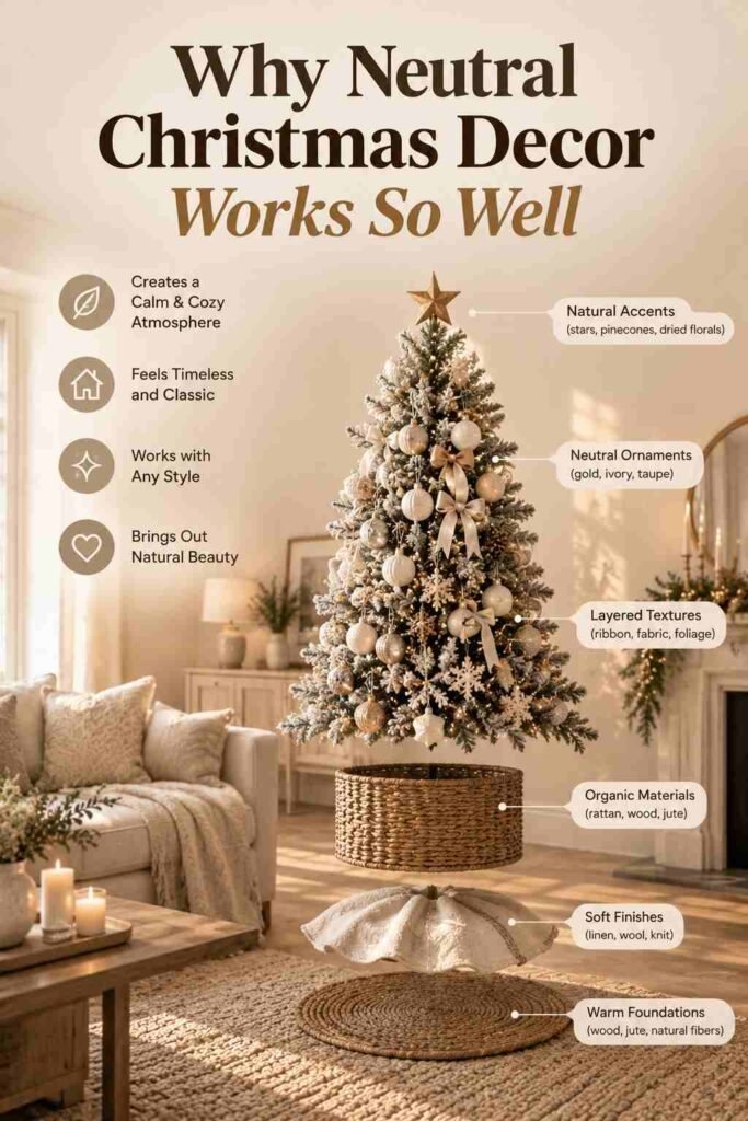 Neutral Christmas Decor Ideas for a Calm, Cozy, and Elegant Holiday Home 2 Neutral Christmas decor infographic featuring a flocked Christmas tree, natural textures, warm neutral ornaments, and a cozy living room explaining why neutral holiday decor works so well.