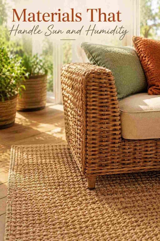 Close-up of wicker weave texture on a loveseat arm beside a jute rug in a sunlit sunroom.