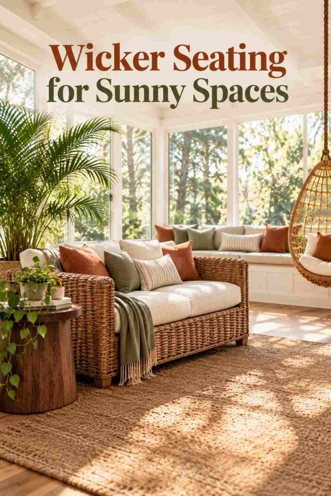 Close view of a cream wicker loveseat beside a walnut side table in a sunlit sunroom.