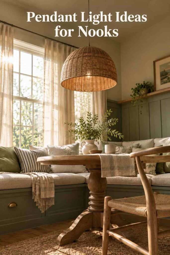 Woven wicker pendant light hanging above a farmhouse dining nook window with sheer linen curtains.