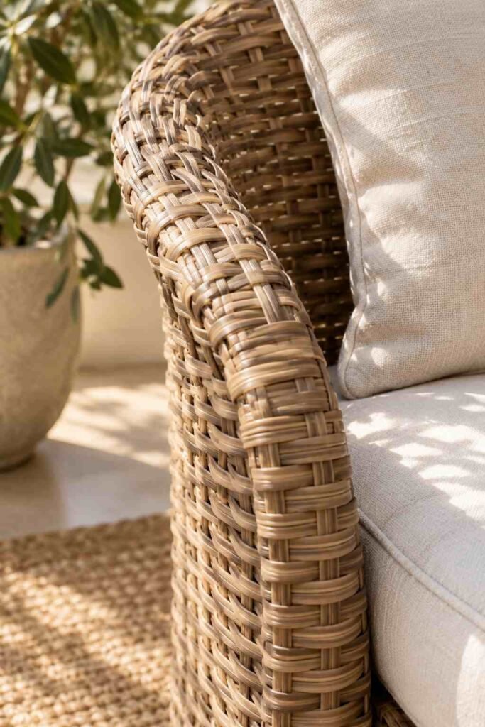 Close-up of woven rattan indoor sunroom furniture texture