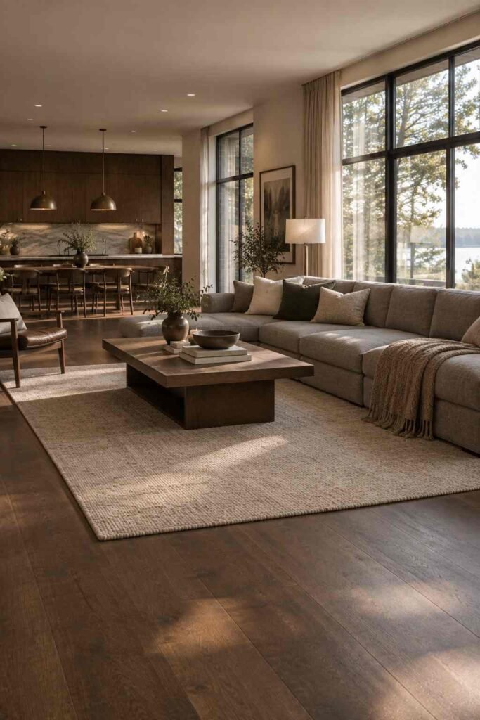 26 Dark Wood Living Room Design Ideas for Walls, Floors & Furniture 10 Wide-plank matte dark wood flooring in an open-plan living room