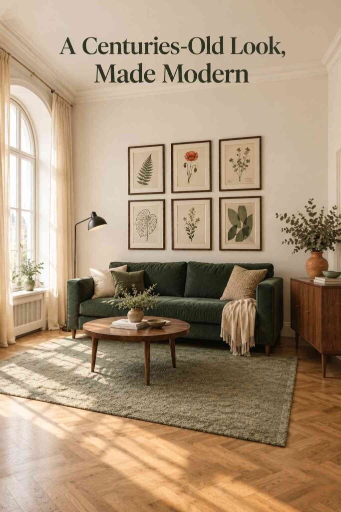 Diagonal view across a living room toward a sofa, framed plant prints, and a walnut console, with window light on the floor.