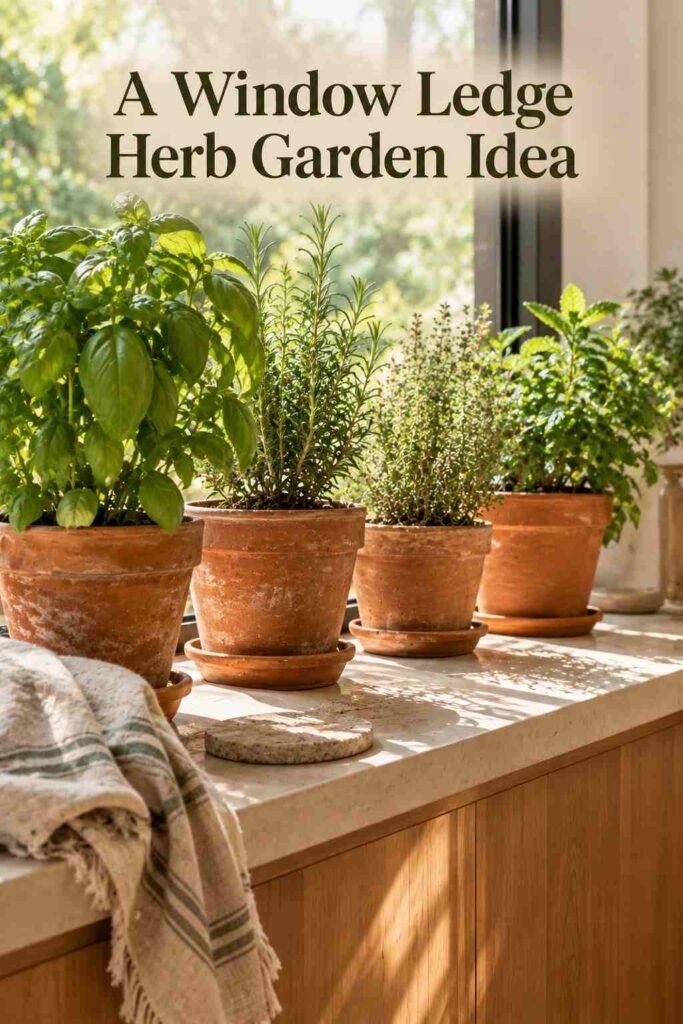 Sunroom window ledge styled with potted herbs in terracotta pots, a linen throw, and a stone coaster.