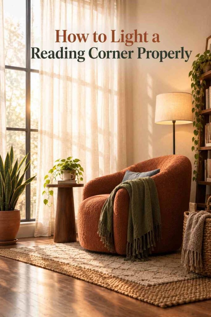 A terracotta armchair seen in profile, backlit by soft afternoon light through a sheer linen curtain, with a lit floor lamp beside it.