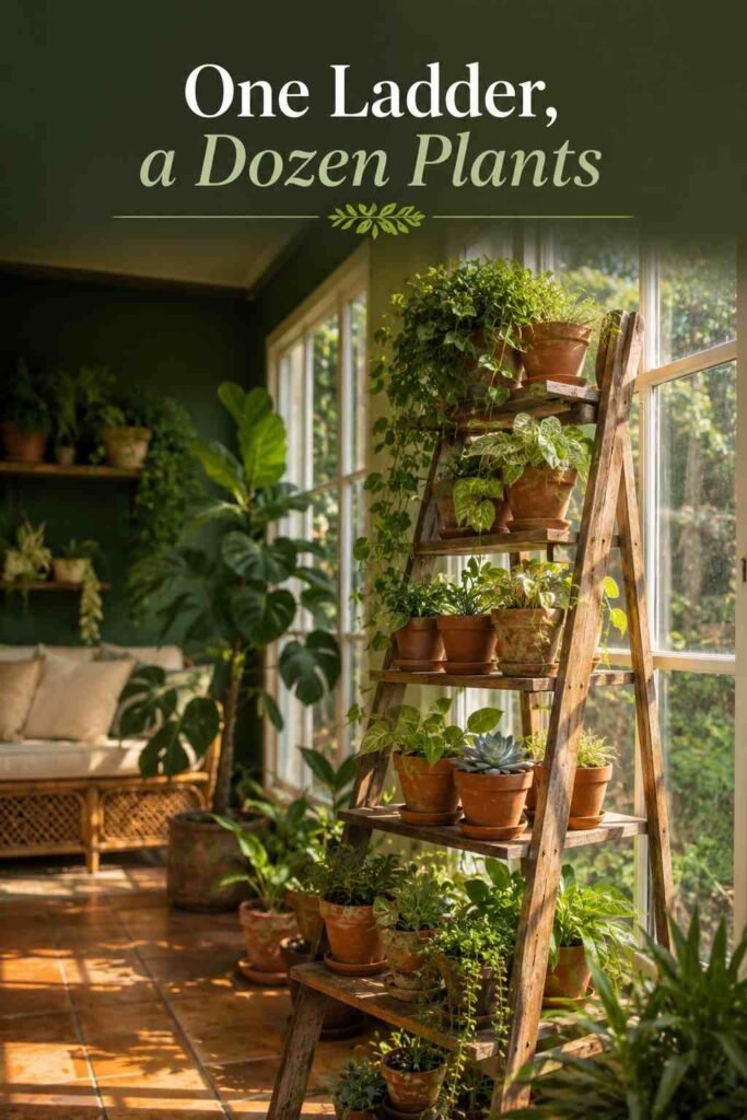 Narrow wooden tiered ladder shelf against a windowsill holding small potted plants at ascending heights