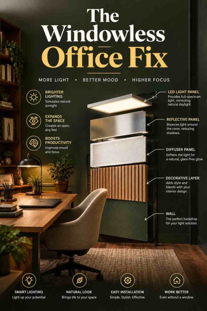 Moody Home Office Ideas to Create a Dramatic, Productive Workspace 10 Windowless home office with warm LED lighting, a wood desk, and an exploded-view lighting panel showing layered light, reflective, diffuser, decorative, and wall components.