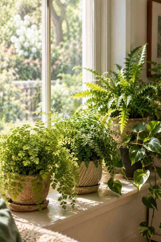 Lush Fern Sunroom Ideas to Turn Any Room Into a Living Retreat (Ideas, Plants & Care Tips) 5 Windowsill ledge garden with small ferns in a sunroom
