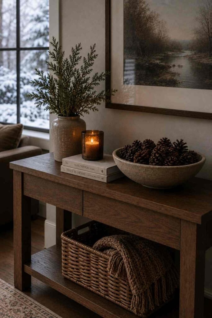 Winter console table styling with pinecones and candle display