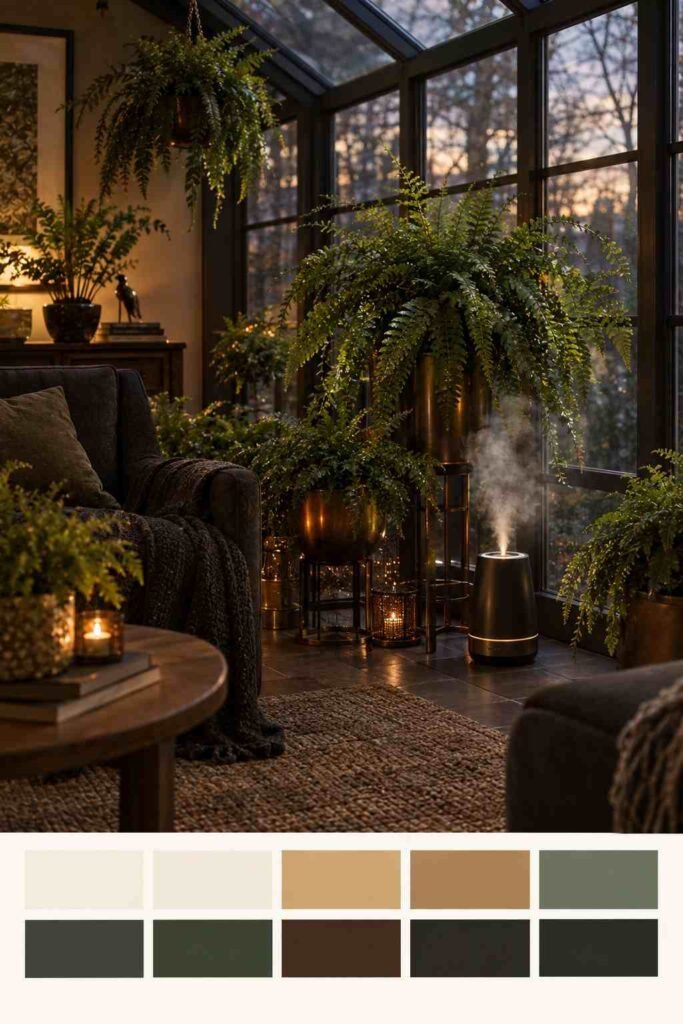 Lush Fern Sunroom Ideas to Turn Any Room Into a Living Retreat (Ideas, Plants & Care Tips) 17 Winter fern sunroom with humidifier mist and a Moody Conservatory Green color palette strip