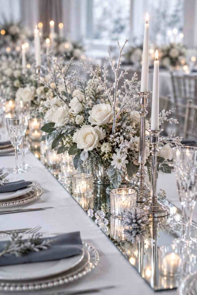 Winter wedding table with mirror runner, white roses, and silver candlesticks.