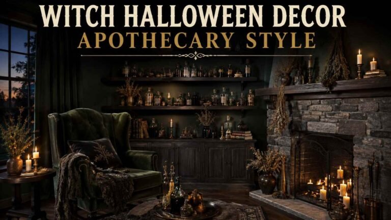 A candlelit living room corner styled as a witch's apothecary with dark wood shelves, glass bottles, a stone fireplace, and a velvet wingback chair.
