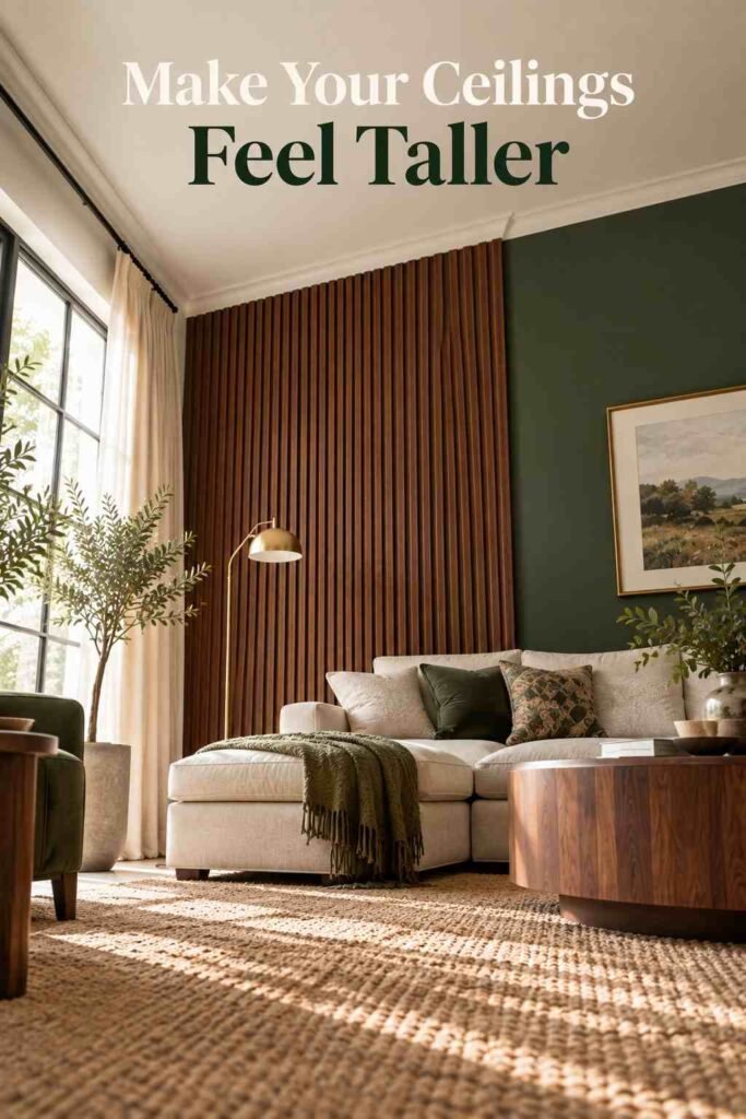Low-angle view of a floor-to-ceiling wood-slat accent wall.