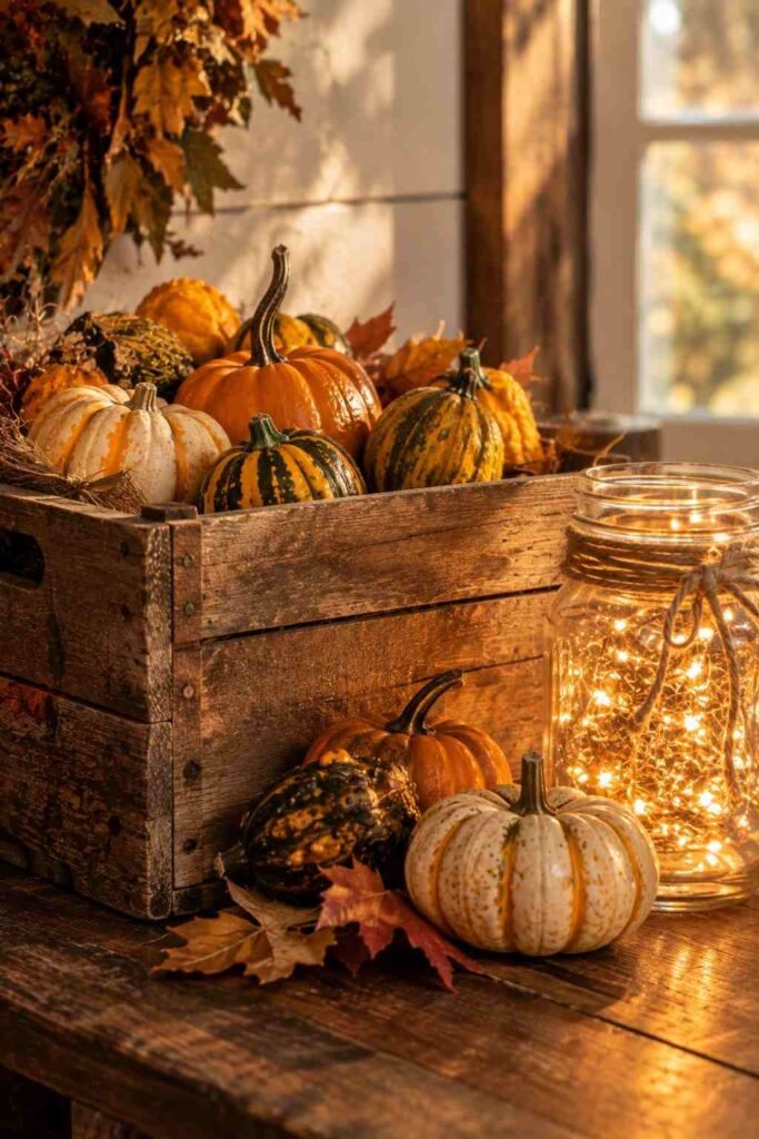 Halloween Decor for Entry Table Ideas to Welcome Guests Spooky, Elegant & Budget-Friendly 11 Wooden crate and mason jar lights rustic Halloween entry table decor