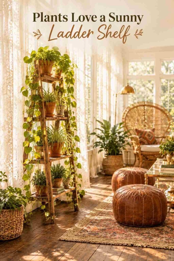 Boho Sunroom Ideas Vintage Lovers Will Adore 9 Wooden ladder shelf with terracotta pots and trailing pothos beside sheer lace curtains in a sunlit room.