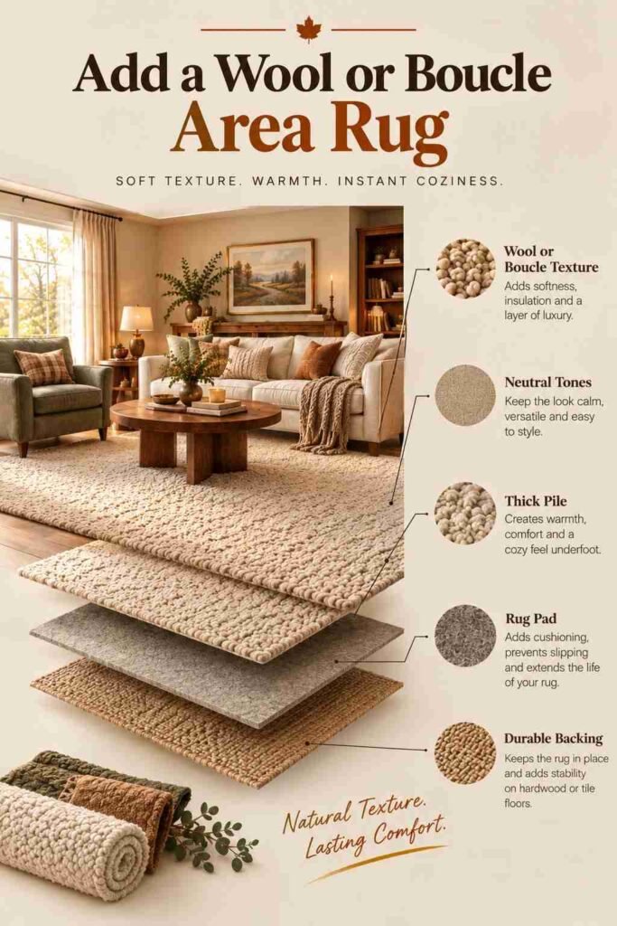 Exploded-view illustration of a cozy fall living room featuring a plush cream wool or bouclé area rug, layered rug materials, a rug pad, natural wood flooring, and warm neutral furnishings, with the heading “Add a Wool or Bouclé Area Rug.”