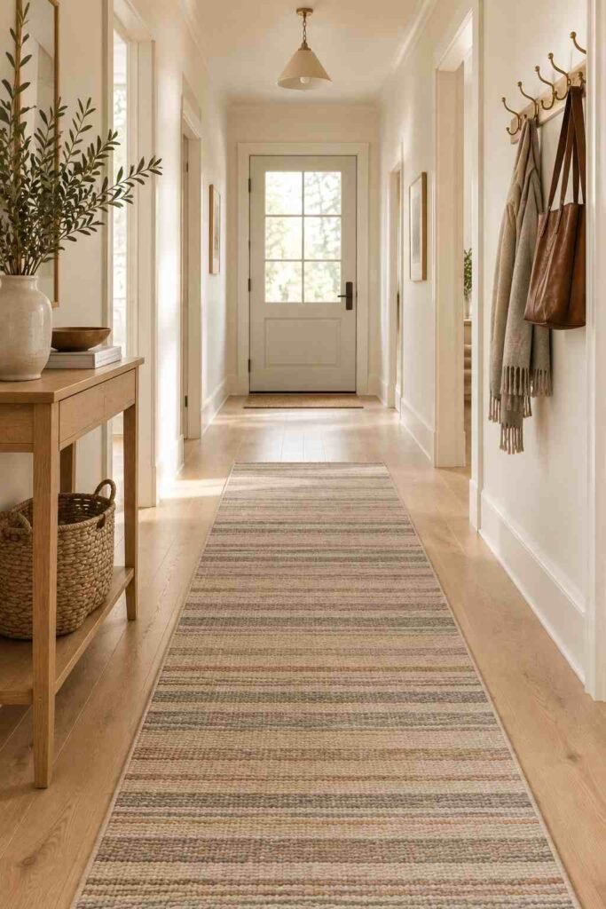 Neutral striped wool runner in a Scandinavian hallway with pale oak flooring