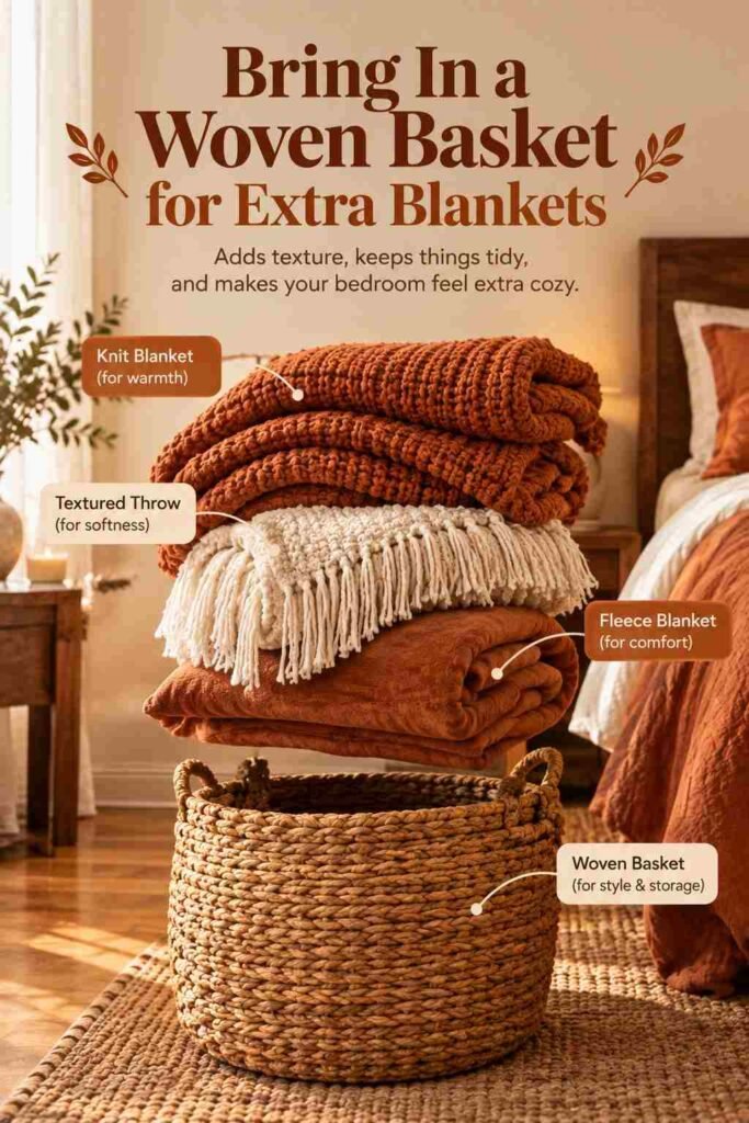 Exploded view of a woven basket with rust, cream, and terracotta blankets floating above it in a cozy, warm-toned bedroom.