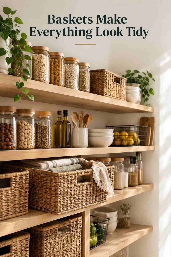 16 Smart DIY Organization Tips to Transform Every Room in Your Home 4 Woven rattan basket holding folded linens on a wood pantry shelf.