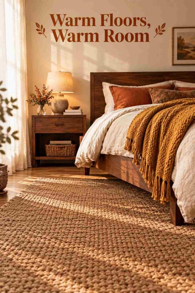 Woven jute rug beside a walnut bed frame in a warm-toned bedroom.