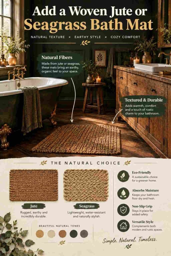 Dark cottagecore bathroom with a woven jute bath mat, forest green walls, warm wood vanity, clawfoot tub, brass fixtures, and botanical accents.