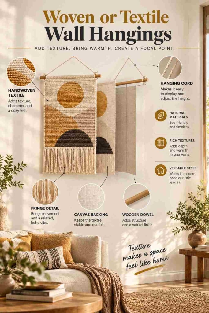 Luxury Wall Art Living Room Ideas to Transform Your Space in 2026 8 Woven textile wall hanging displayed in a warm boho living room with natural textures and an exploded-view design