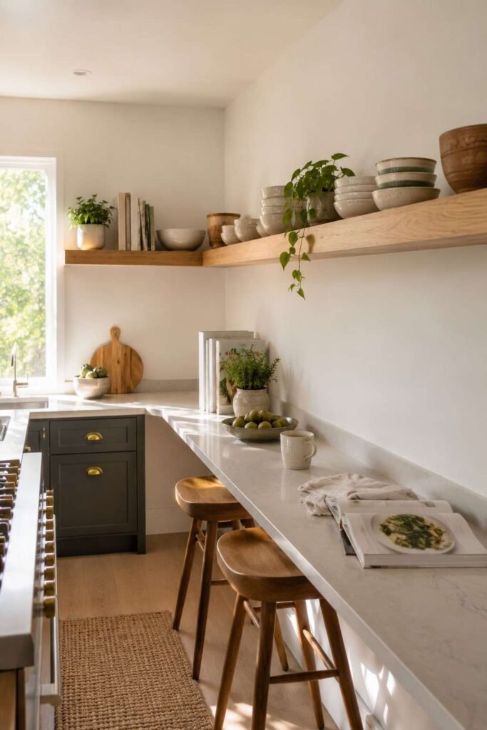 26 Kitchen Open Shelving Ideas for Corners: Styles, Sizes and Layouts 6 Wraparound floating shelf turning a kitchen corner above a breakfast counter