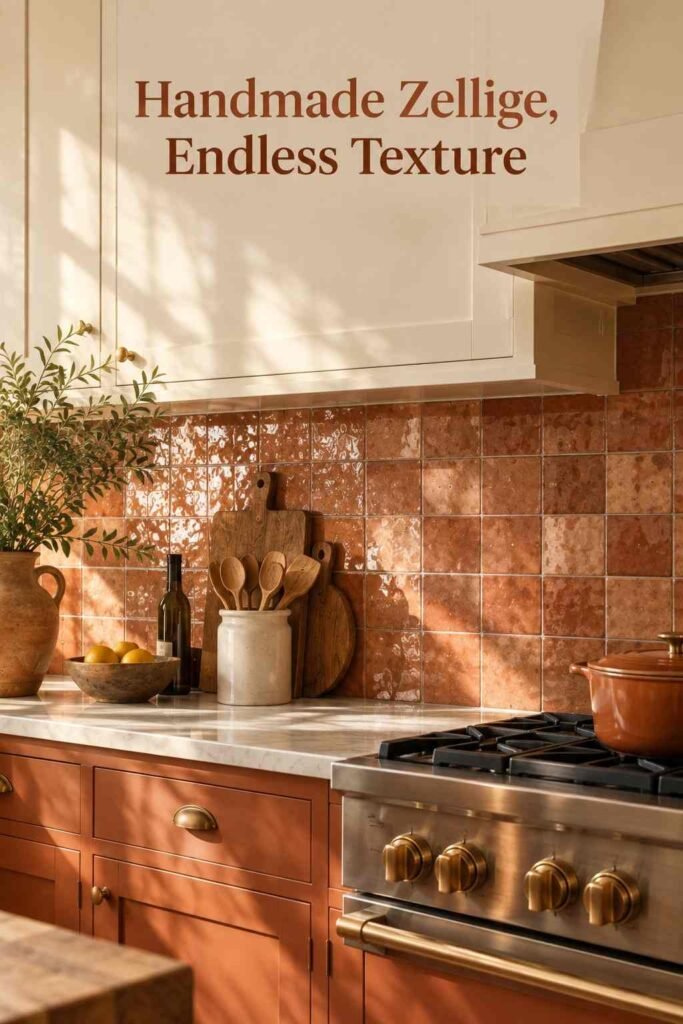 Handmade zellige terracotta tile backsplash with natural tone variation behind a kitchen range.