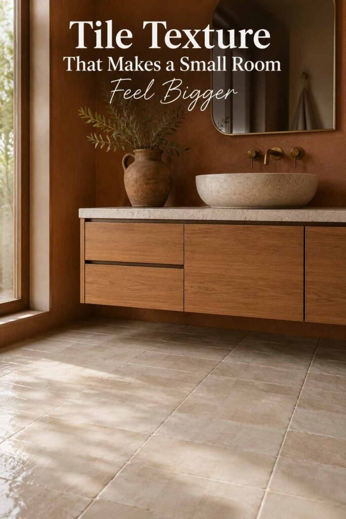 Aesthetic Bathroom Inspo Ideas to Transform Your Space in 2026 3 Low-angle view of large-format cream zellige floor tile beneath a floating vanity.
