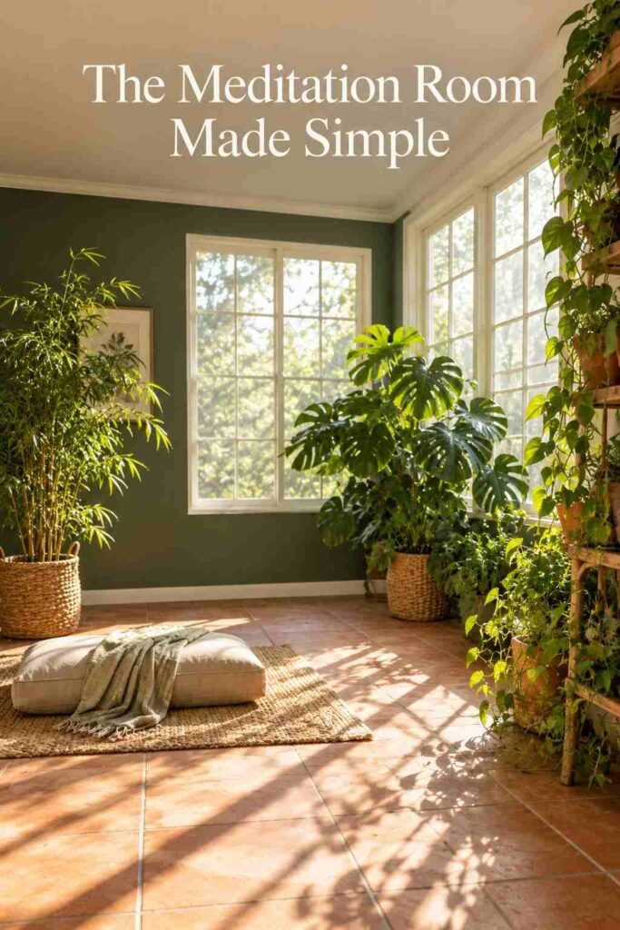 Quiet corner with a low cushion and a single bamboo plant lit by soft diagonal window light