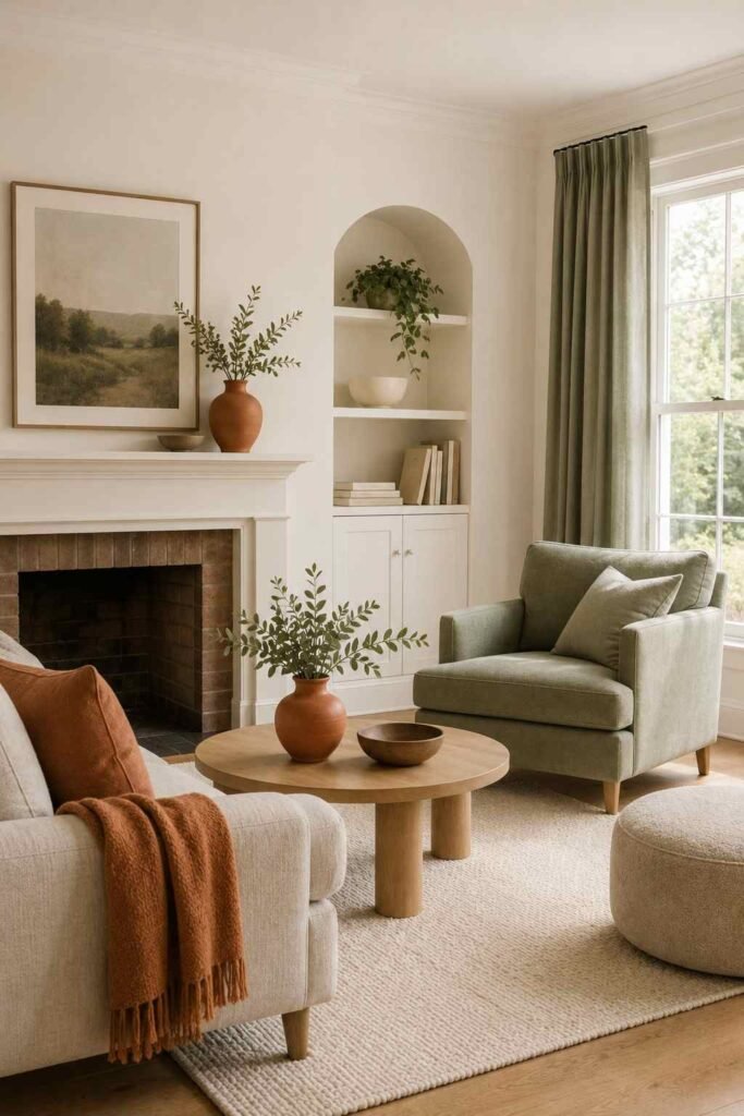 Living room using the 60-30-10 color rule with white, sage green and terracotta accents