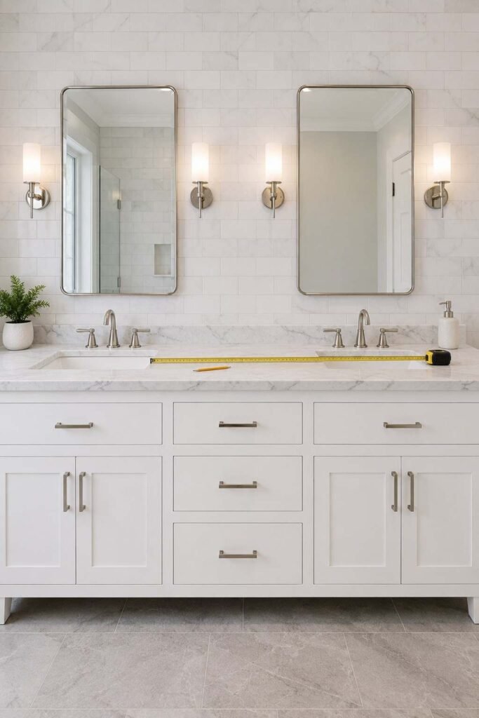 30 Bathroom Vanity Ideas For Double Sink Layouts for Every Style and Budget 3 Measuring the space between sink centers on a 72-inch double sink bathroom vanity.