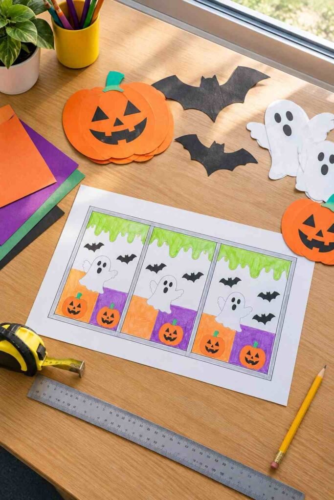 Teacher’s desk with a window layout sketch, measuring tape, and paper Halloween shapes for planning a display.