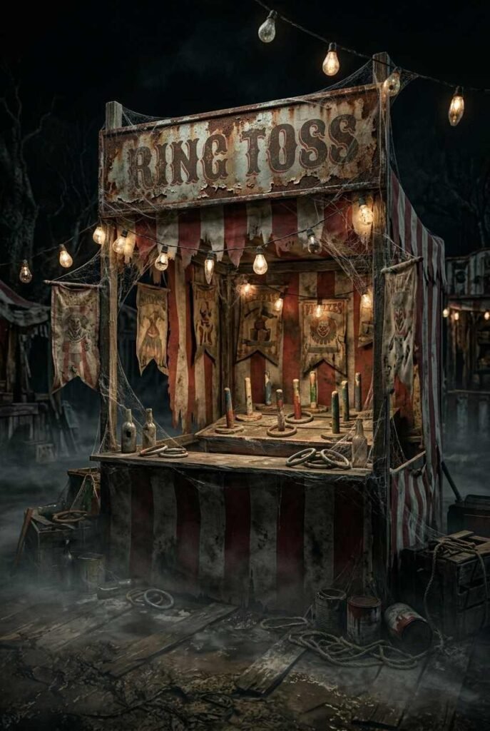 28 Spooky Halloween Theme Ideas to Make October 31 Unforgettable 8 Abandoned carnival Halloween party with striped booth, ring toss and foggy string lights.