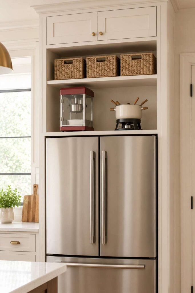 Cabinet above a refrigerator storing a popcorn maker and fondue pot