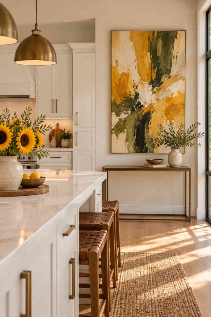 30 Sunflower Kitchen Decor Ideas Modern: From Wall Art to Backsplash Tile 6 Abstract sunflower painting in mustard and olive above a console in a white kitchen.
