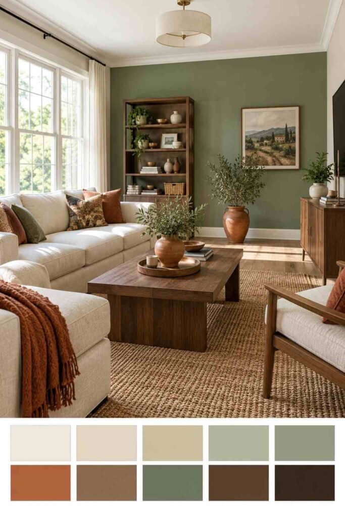 25 Stunning Home Remodeling Living Room Ideas to Refresh Your Space 7 Living room with a sage green accent wall, terracotta decor and walnut furniture, with a ten-color swatch strip below.