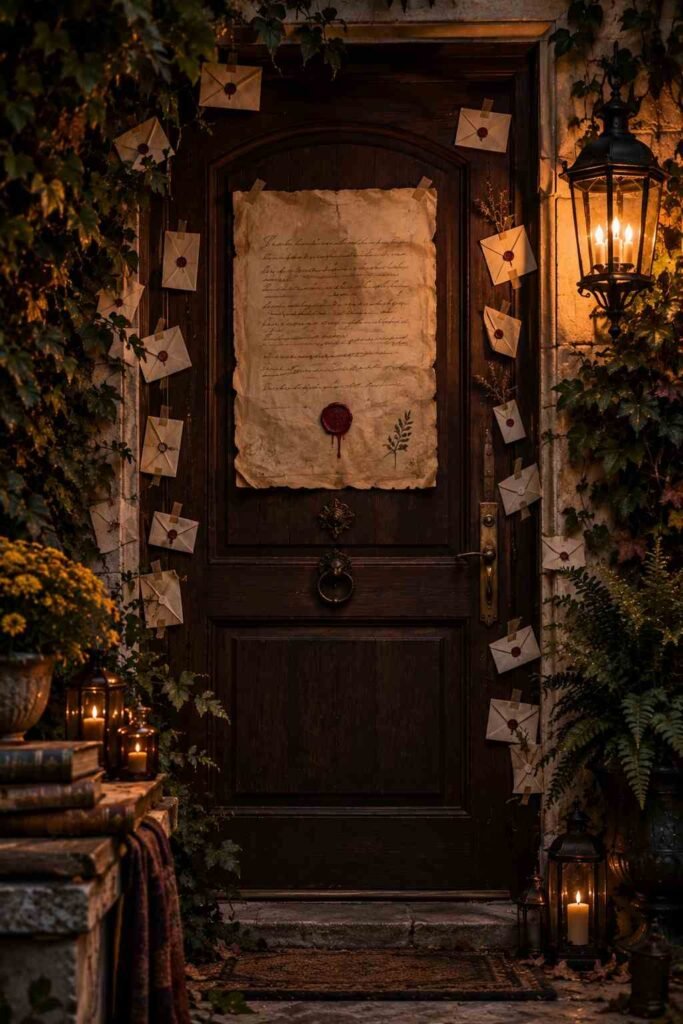A door treated as a giant letter with a red seal and envelopes tucked around the frame.