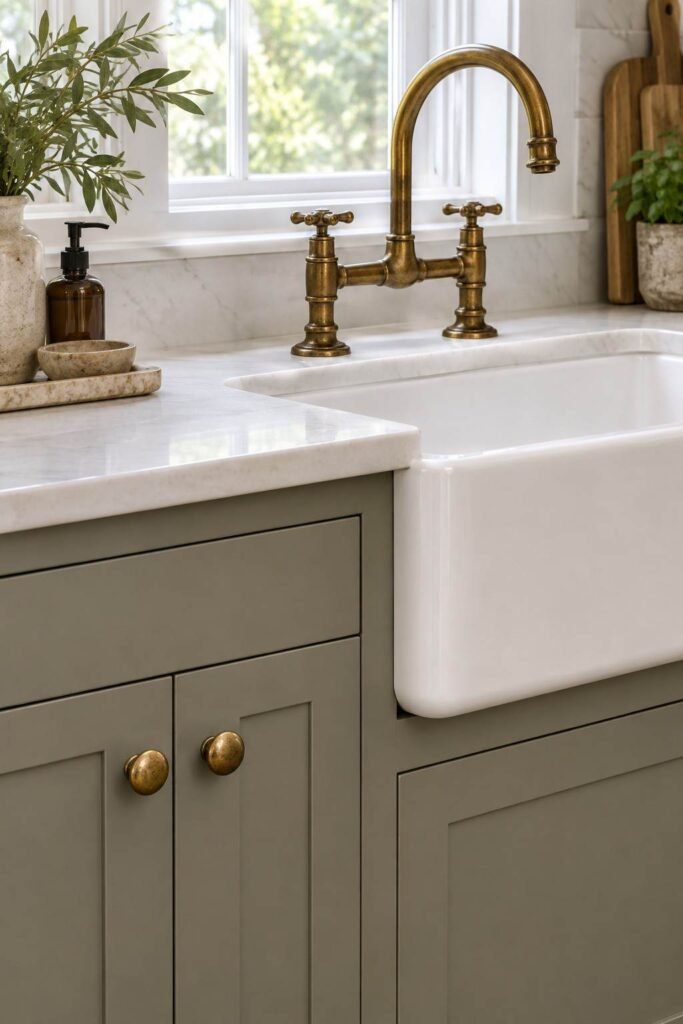 Aged brass cabinet knobs and a vintage bridge faucet on a modern kitchen sink
