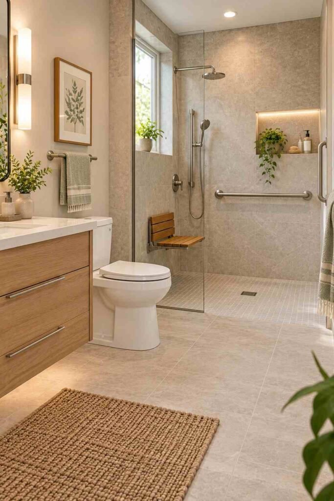 Accessible bathroom with grab bar, no-threshold shower, teak seat, and comfort-height toilet.