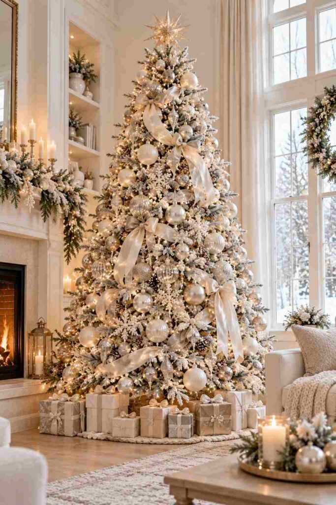 All-white flocked Christmas tree with pearl and silver ornaments.